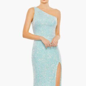 MAC DUGGAL IEENA FOR MAC DUGGAL SEQUINED ONE SHOULDER DRAPED BACK GOWN ICE BLUE